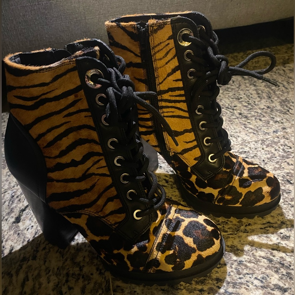 Aldo combat mixed leopard and tiger print bootie